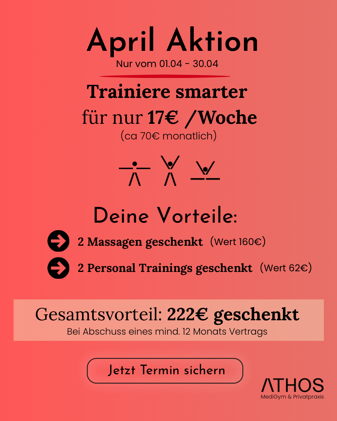 April Aktion zwei Massagen gratis und zwei Personal Training für nur 17 Euro die Woche. Nur für April